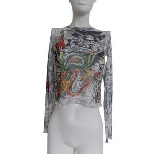 Ed Hardy cropped long sleeve knit top Y2K 90's size Small